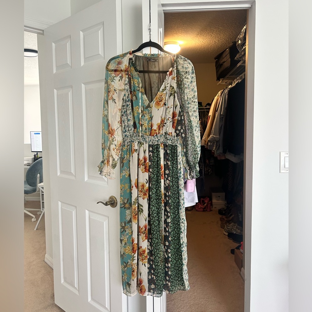 Zara Long Sleeve Floral Maxi Dress - Green, Blue, Cream